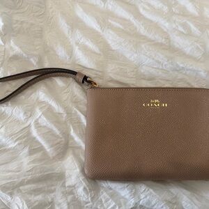 Coach Taupe Leather Wristlet with Gold Logo